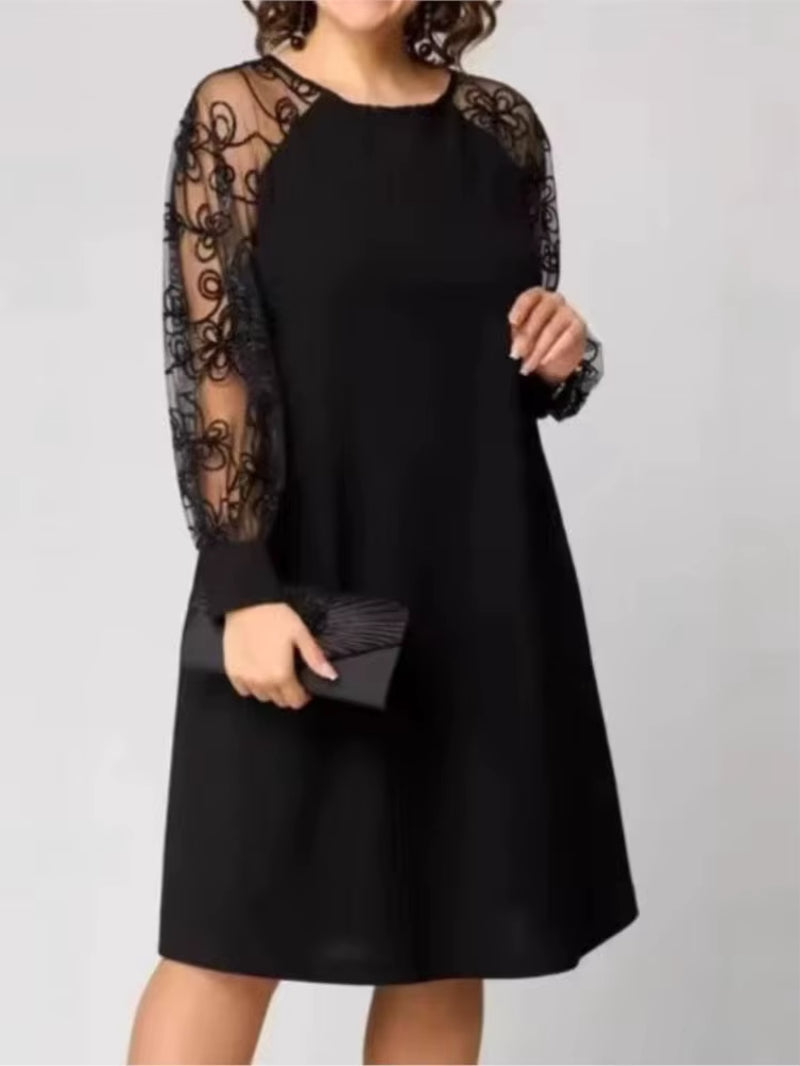 Fashionable Patchwork Lace Long-Sleeved round Neck Dress Solid Color Chic Simple Style Temperament Foreign Style Trendy Vestidos